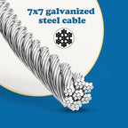 Galvanized Steel Wire Rope Cable, 3/16” Galvanized Steel Cable with Rope Clamp and Thimble, 7X7 Strand Core Aircraft Cable Used for Anchored Shed, Fencing, Sunshade, Clothesline (50ft)
