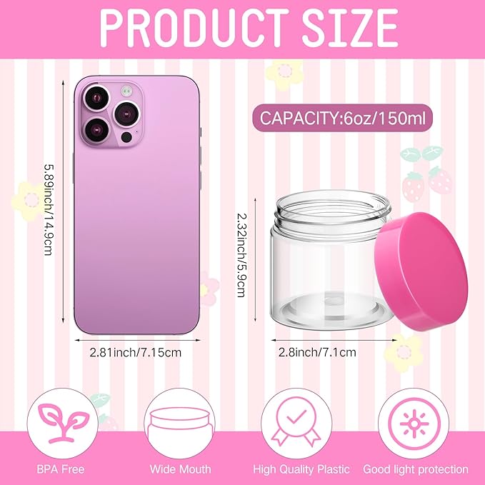 SATINIOR 12 Pack 6 oz Plastic Container Jars with Lids Round Clear Travel Cosmetic Container Slime Jars for Toiletries, Lotion, Cream, Ointments, Makeup, Rhinestone, Samples, Kitchen Storage(Pink)
