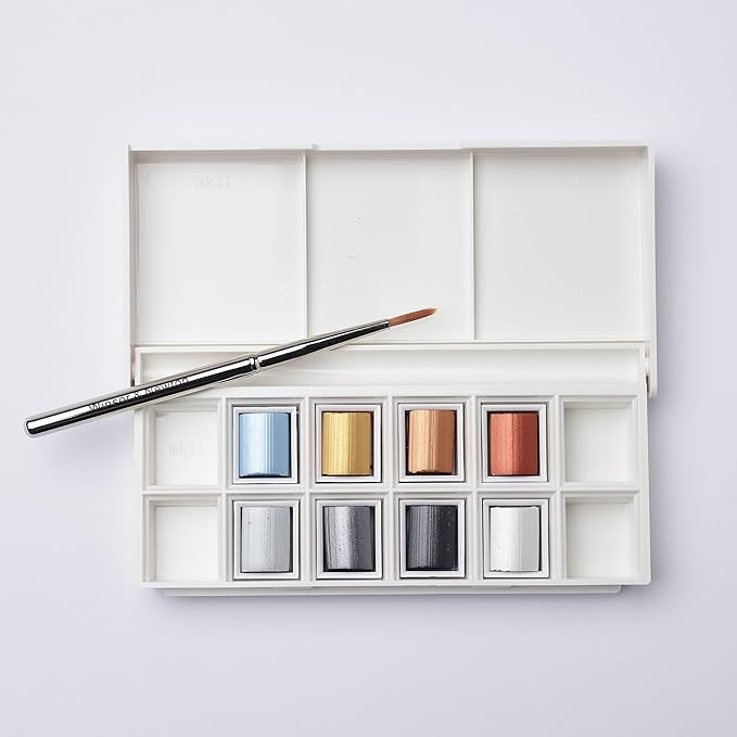 Winsor & Newton Cotman Watercolor Paint Set, 8 Half Pan, Metallic Colors w/ Brush