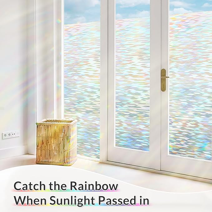 rabbitgoo Window Privacy Film with Installation Tools, Stained Glass Window Film Rainbow Prism Decorative Glass Clings for Home Decor, Static Cling Covering Sun Blocking, 23.6" x 157.4"