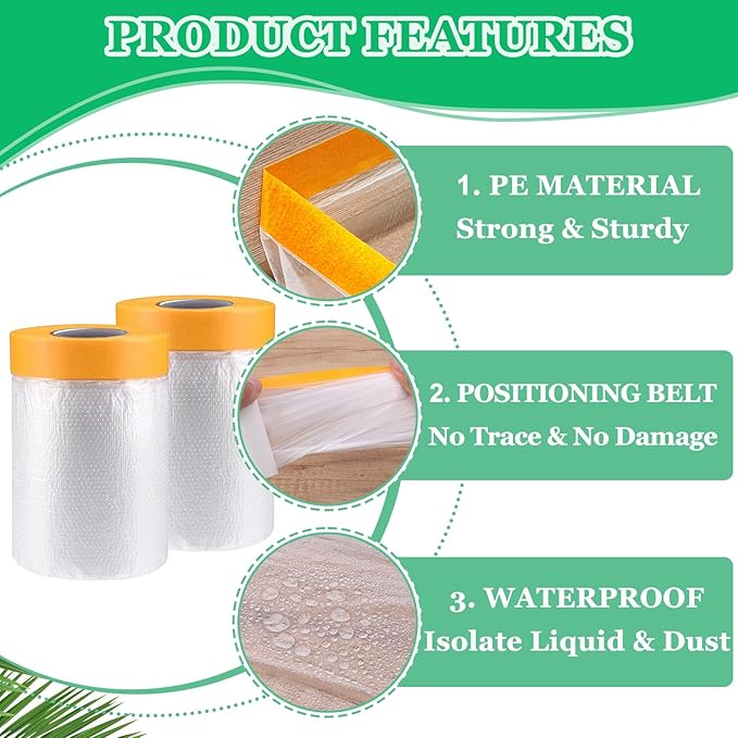 12 Pack Tape and Drape, 3 Sizes Pre-Taped Masking Film Plastic Sheeting Cover Roll, 65.6 Ft/Pack Automotive Painters Masking Tape Film for Furniture, Floor, Skirting