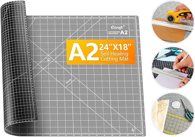 Ecraft Self Healing Cutting Mat:18" x 24" Double Sided 5-Ply Hobby Mat, A2 Rotary Cutting Sewing Mat for Crafts, Fabric,Sewing,Quilting,Scrapbooking,Projects,Grey/Black