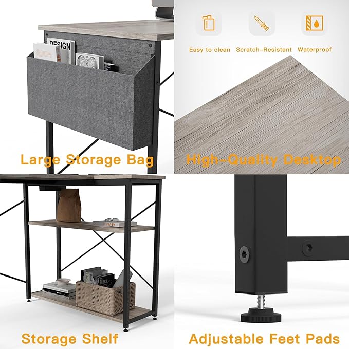 TIQLAB L Shaped Computer Desk with Power Outlets, 40 Inch Small Corner Desk with Reversible Shelves, Gaming Desk Computer Table Study Writing Desk for Home Office Small Space, Gray