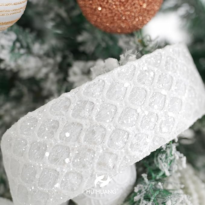 HUIHUANG White Glitter Wired Ribbon for Christmas Tree 2.5 inch White Diamond Mesh Wire Ribbon for Tree Decoration, Wreaths, Garland, Gift Wrapping, Large Bows Making, Home Decor -10 Yards
