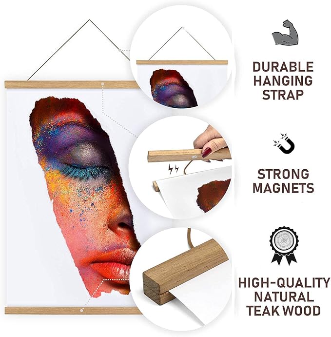 DACRI HOME Magnetic Poster Hanger Frame - Teak Wood, 12 inch Sturdy Magnetic Frame with Strong Magnets for Hanging Posters, Pictures, Scroll Wall Art, 12x16 12x18 12x24, Natural Wood