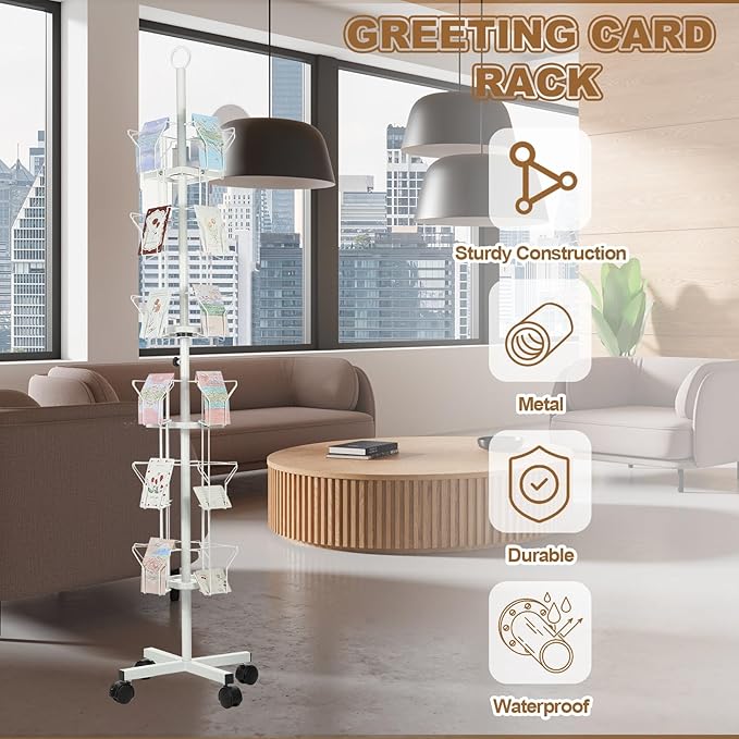 PATIKIL 6 Tier Rotating Greeting Card Rack, Metal Spinning Greeting Card Display Stand Portable Postcard Rack Holder Organizer for Postcard Sticker Photo Desk Book Stamp, White