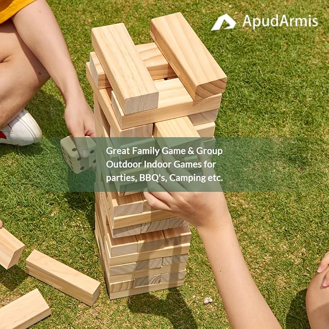 ApudArmis 54 PCS Tumble Timber Set [Up to 3.2FT], Pine Wooden Tumble Tower Game with Dice and Scoreboard Set - Classic Block Stacking Board Game for Teens Adults