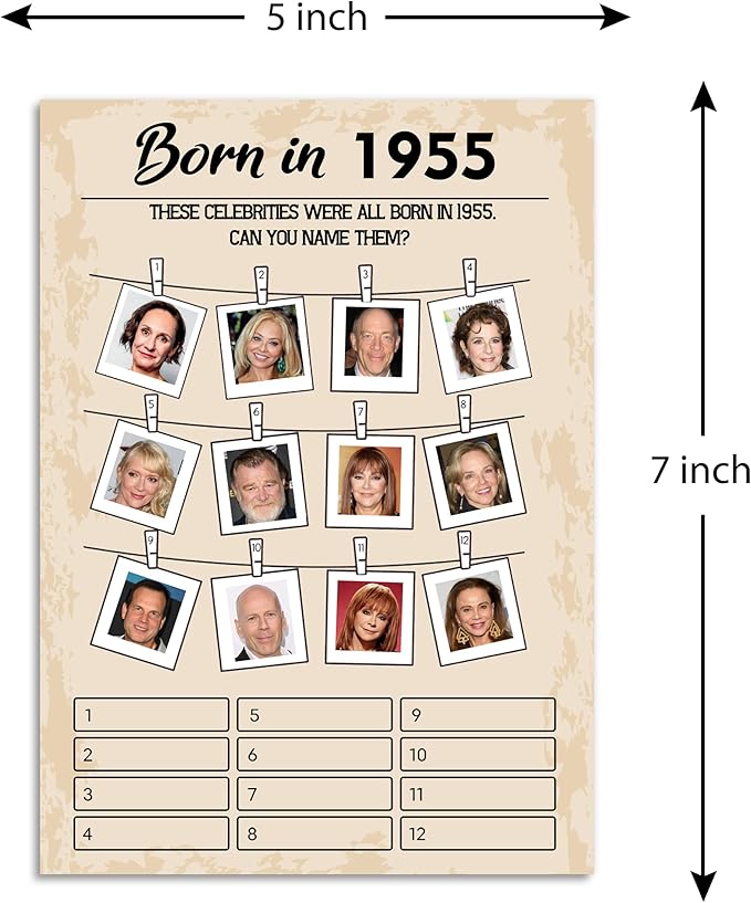 QUPT 70th Birthday Party Games, Set of 5 Activities for 10 Guests, Born in 1955 Games Bundle, Birthday Party Supplies for Adults, Pack of 50 Cards
