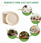 Vplus 500 Pack Paper Plates 9 inch 100% Compostable, Heavy-Duty Disposable Paper Plates Bagasse Natural Biodegradable Eco-Friendly Sugarcane（Nature）