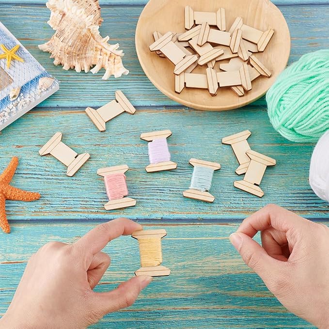 PH PandaHall 20pcs Thread Organizer Bobbin Winder Embroidery Thread Storage Floss Keeper Knitting Thread Holder Spool Shape Wood Bobbins Card for Sewing Crochet Needlework Tool 1.2x1.5 Inch