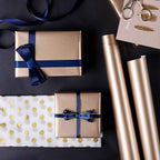 WRAPAHOLIC 30 Inch Navy Wrapping Paper - Jumbo Roll Gold and Navy Print with Cut Lines for Christmas, Birthday, Holiday, Father's Day, Baby Shower - 4 Rolls - 30 Inch x 120 Inch Per Roll