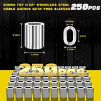 316 Stainless Steel Cable, 1000FT 1/32IN Wire Rope 7 * 7 Strand with 250Pcs Aluminum Sleeves Stops, Guide Wire for Outdoor String Lights for String Lights Hanging, Clotheslines, Trellis (1000FT)