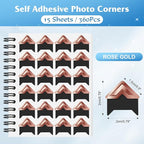 GOONAVI 15 Sheets 360 PCS Rose Gold Photo Corners Notebook, Self-Adhesive Corners for DIY Album Journal, Corner Stickers for Trip Memory Book
