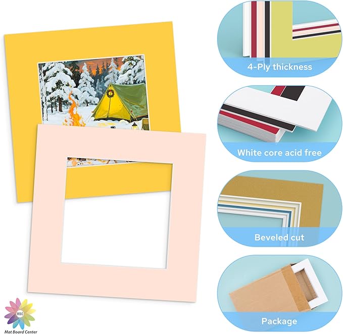 Mat Board Center, 12X12 Mix Color Mats for 8X8 Pictures - Acid Free, 4-Ply Thickness, White Core, Bevel Cut - for Artworks, Photos, Framing - Pack of 12