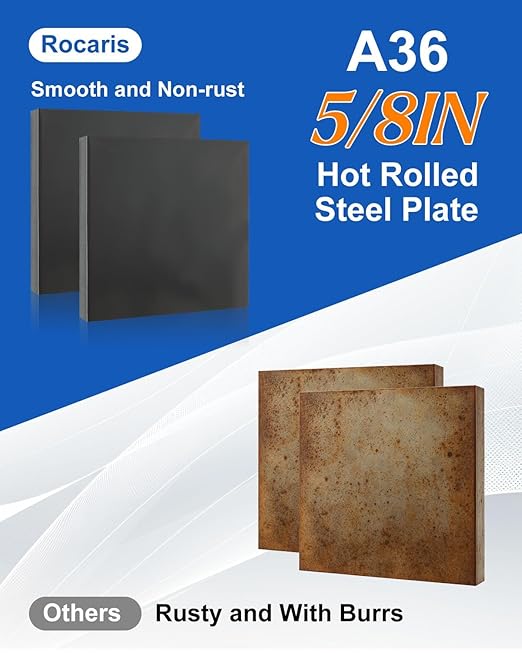 Rocaris Hot Rolled Steel Plate 5/8" x 4" x 4", Pack of 2, Weldable Steel Sheet Metal for Auto Body Repair, DIY Projects, Industrial Support