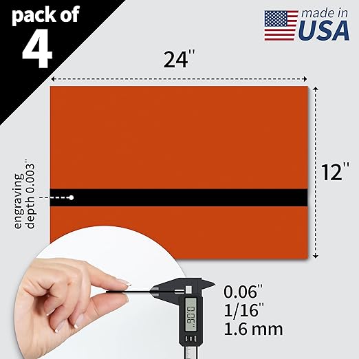 Trotec TroLase | 12"x24"x1/16", 4 Pcs | Orange/Black| 2 Ply | Modified Acrylic | Laser Engraving Double Color Plastic Sheet | Engraving Blanks for Laser, Saw, Guillotine | Made in USA
