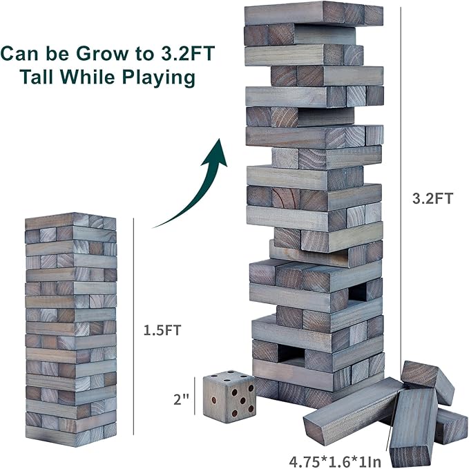 ApudArmis 54 PCS Tumble Timber Set Up to 3.2FT, Pine Wooden Tumble Tower Game with Dice and Scoreboard Set - Classic Block Stacking Board Game for Adults Teenagers (Gray)