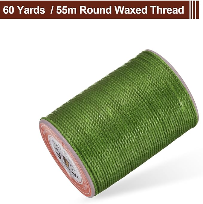 uxcell Round Leather Sewing Waxed Thread, 55m / 60 Yards Wax Polyester String, 0.8mm Waxed Stitching Cord for Leather Crafts, Bookbinding, Bracelets Braided, Grass Green