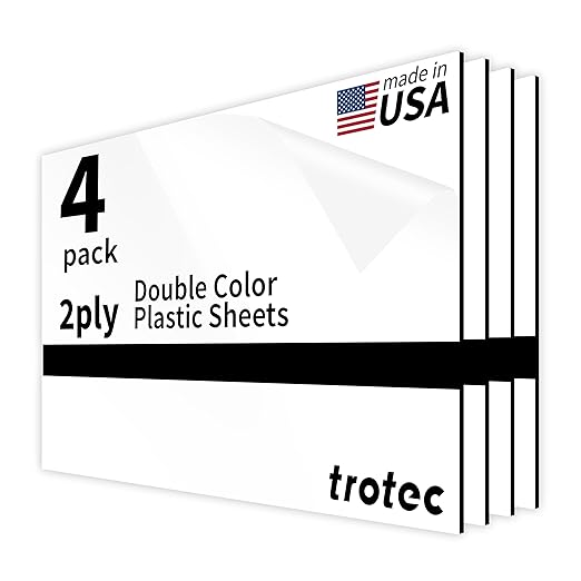 Trotec TroLase | 12"x20"x1/16", 4 Pcs | Gloss White/Black | 2 Ply | Modified Acrylic | Laser Engraving Double Color Plastic Sheet | Engraving Blanks for Laser, Saw, Guillotine | Made in USA