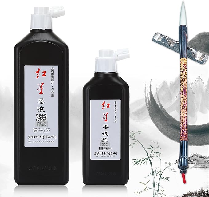 MEGREZ Chinese Calligraphy Brush Ink, Redstar Black Liquid Ink Sumi Ink for Writing & Drawing Practicing Japanese Calligraphy, Traditional Chinese Calligraphy Brush Ink, 6.35 OZ(180 ml)/Bottle