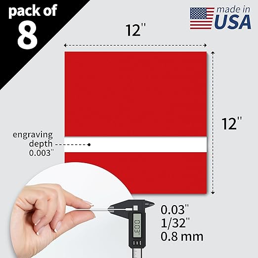 Trotec TroLase | 12"x12"x1/32", 8 Pcs | Red/White | 2 Ply | Modified Acrylic | Laser Engraving Double Color Plastic Sheet | Engraving Blanks for Laser, Saw, Guillotine | Made in USA