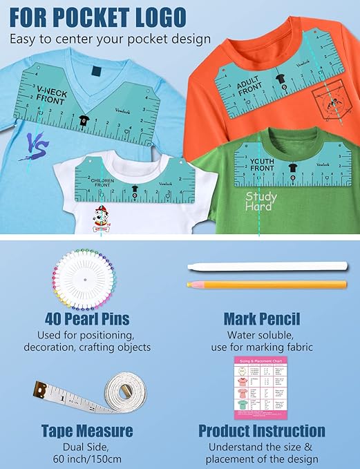 Vowlove Tshirt Ruler Guide for Vinyl Alignment - T Shirt Measure Rulers Guide, Shirt Measurement Centering Tool Heat Press Screen Printing V-Neck Embroidery Accessories Sublimation Blanks Product