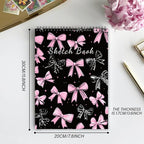 Cabreche Cute Sketchbook Top Spiral Bound Sketch Pad, 9 x 12 inch,100GSM Thick Paper,50 Sheets 100 Pages,Art Sketch Book Artistic Writing Drawing Paper for Girls Women Beginners-Black Pink Bowknot