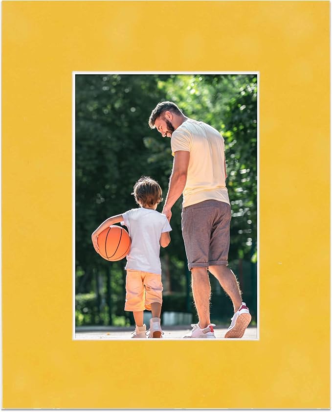 8.5x11 Mat Bevel Cut for 7x9 Photos - Acid Free Sunrise Yellow Suede Precut Matboard With Backing Board and Crystal Clear, Self Seal Photo Mat Bag - For Pictures, Photos, Framing - 4-ply Thickness