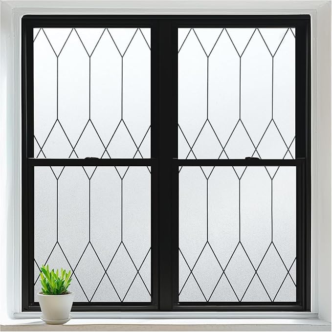 rabbitgoo Window Privacy Film for Glass Windows, Frosted Glass Cling with Decorative Moroccan Lattice, Removable Heat Control Sun Blocking Door Covering Sticker for Home Bathroom, 11.8 x 157.4 inches