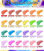 40 PCS Metallic Acrylic Paint Set with 12 Brushes, 2 Knives & Palette, 24 Colors (2oz/60ml) Art Craft Paint for Adults Kids Artists Beginners, Halloween Pumpkin Canvas Ceramic Rock Painting Kit