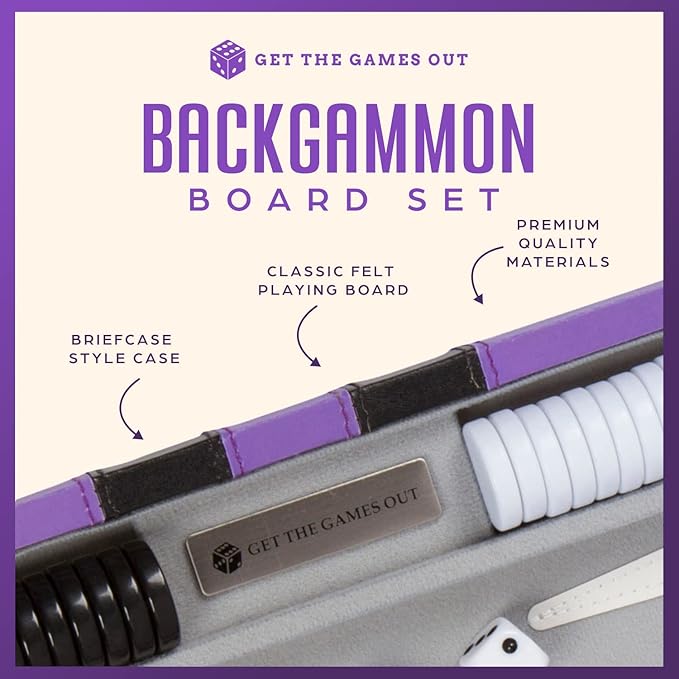 Get The Games Out Backgammon Set, Classic Board Game Case, 2 Players, Includes Strategy & Tip Guide, Perfect for Parties and Family Game Nights -Small, Purple