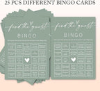 Bridal Shower Games Cards, 25Pcs Prefilled Find The Guest Bingo Game Cards, Engagement Party Games for Guests, Minimalist Green Wedding Party Supplies - C19
