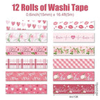 12 Rolls Pink Heart Washi Tape Set, Valentine's Day Love Heart Masking Tape Decorative Paper Tape for DIY Craft Wrapping Scrapbook Envelope Wedding Party,16.4FT