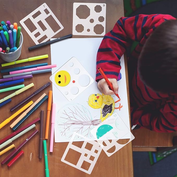 Outus 16 Pieces Kids Drawing Stencils Basic Shape Plastic Drawing Stencil Template Geometry Shape Reusable DIY Painting for Kids Girls Boys Gifts Home Classroom Crafts