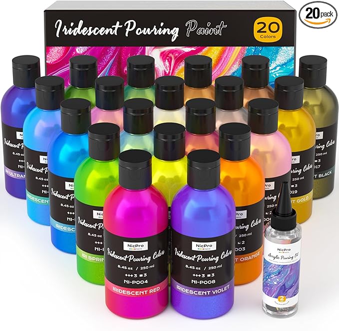 Nicpro 20 Colors Iridescent Metallic Acrylic Pour Paint Supplies Kit, 8.45oz Large Ready to Pour Premixed High Flow Pouring Paint Set with Silicone Pouring Oil, Gloves, Instructions for Beginner DIY