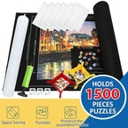 Portable Puzzle Mat Roll Up - with 9 Glue Sheets, Sorting Trays, Hand Pump, Inflatable Tube, and Storage Bag - Perfect for Kids and Adults (Black, 1500pcs)
