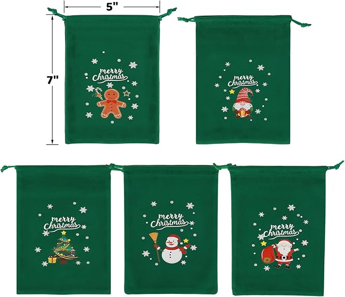 Tapleap Coth Christmas Bags with Drawstring - 50Pcs 5x7 Green Velvet for Wrapping Christmas Party Favors or Gifts for Friends, Children, Coworkers, Small Bussiness Products