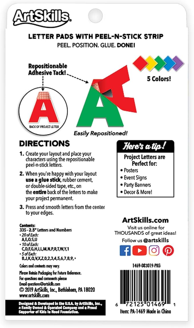ArtSkills Poster Letters 2.5” Paper Letters for Poster Board Projects, Classroom Bulletin Boards, Sign Making Supplies, Classic, 335 Pieces