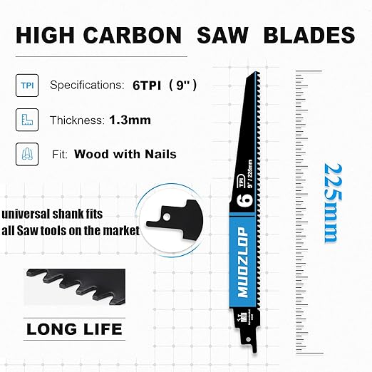3 Pack 9 inch Reciprocating Saw Blades Set，6 TPI High Carbon Saw Blades for Wood with Nails ，Saw Blades with Organizer Case (3, 6T/9inch)