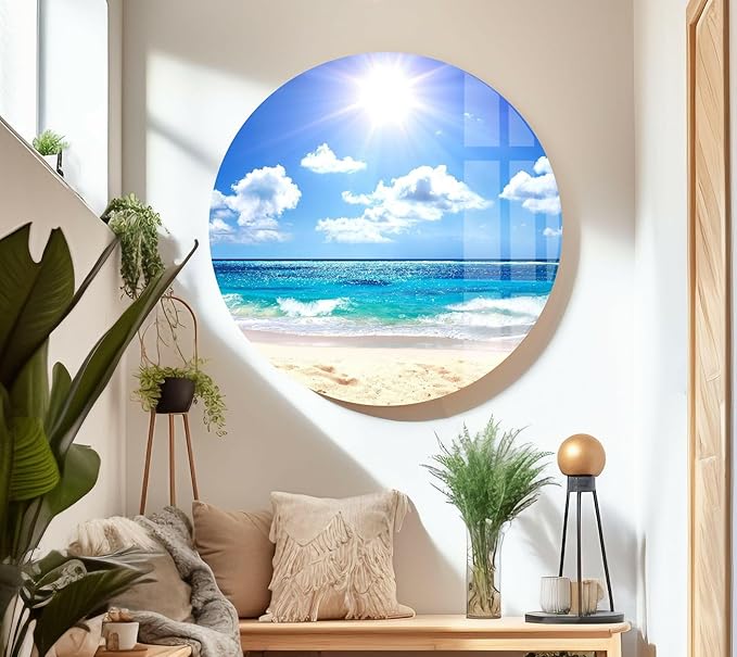 My Photostation.com 28Wx18H'' Summer Beach Landscape Glass Wall ArtTempered Glass Printing Wall Decor Large Wall Art Wall Hangings