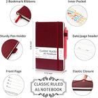 feela 24 Pack Journal Notebook for Work, Business Notebook Bulk Hardcover Lined Writing Journal with Pen Holder for Men Women Note Taking, with 24 Black Pens, 120 GSM, 5.1”x8.3”, A5, Wine