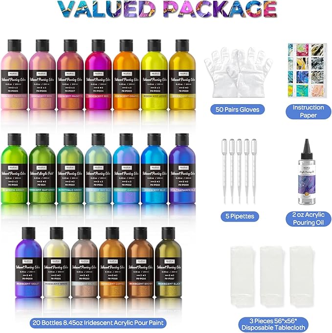 Nicpro 20 Colors Iridescent Metallic Acrylic Pour Paint Supplies Kit, 8.45oz Large Ready to Pour Premixed High Flow Pouring Paint Set with Silicone Pouring Oil, Gloves, Instructions for Beginner DIY