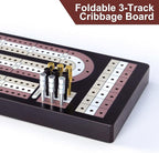 Cribbage Board Game Set - Wooden Foldable 3-Track Board with Magnetic Closure, 9 Metal Pegs, Playing Cards, Portable Family Travel Game for Gatherings and Gifts