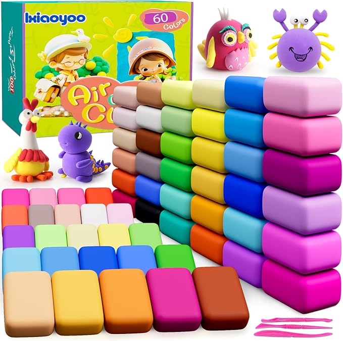 Air Dry Clay for Kids, 60 Colors Molding Magic Clay, Safe & Non-Toxic, DIY Model Arts & Crafts Kit with Sculpting Tools, Birthday&Christmas Gift for Age 3-12 Years Old Girls & Boys Kids