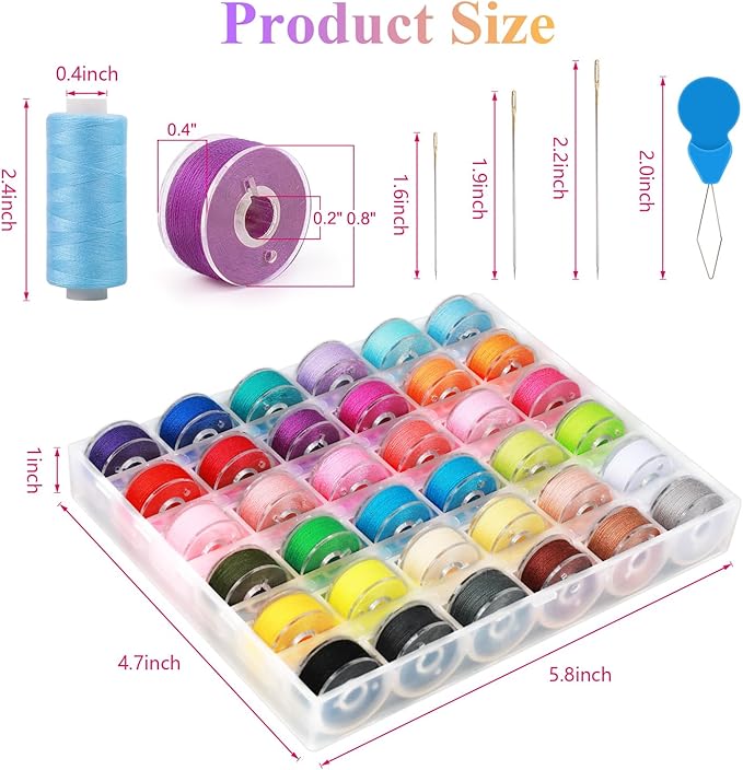 Auvitaya 72pcs Bobbins Sewing Thread Kits, 36 Colors 400 Yards per Spool Polyester Threads with Needles & Threader, Prewound Bobbin Set for Hand and Machine Sewing, DIY and Home