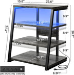 Armocity 4-Tier AV Media Stand with Power Strips, Stereo Stand with LED Lights, Rack Audio Tower with Adjustable Shelves, Small Entertainment Center, 30'', Grey Oak