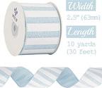 MEEDEE Blue White Stripe Ribbon 2.5 Inch Light Blue Wired Ribbon for Baby Boy Wreath, Baby Shower Elephant Wreath Diaper Cake Supplies, 10 Yards