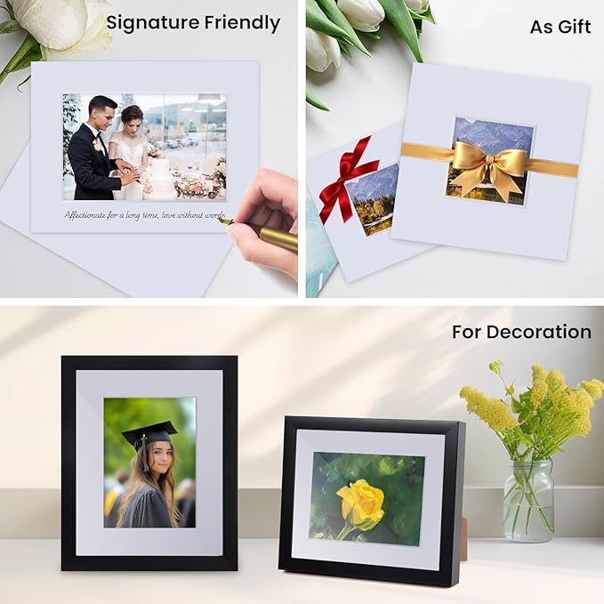 Falling in Art 5 Pack Acid Free 8x8'' White Picture Mats Board Show Kit for 4x4'' Photos, 4-Ply Beveled Pre-Cut Photo Mats with Backing Board for Frames, Artwork and Prints