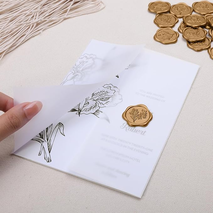 UNIQOOO 50 Sets Pre-Folded Vellum Jackets for 5x7 Invitation & Gold Eucalyptus Wax Seal Stickers, Wedding Invitations Wraps Bulk for Wedding Bridal Baby Shower Envelopes
