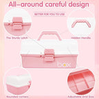 12in Three-Layer Multipurpose Storage Box Organizer Folding Tool Box/Art & Crafts Case/Sewing Supplies Organizer/Medicine Box/Family First Aid Box with 2 Trays (White Pink)